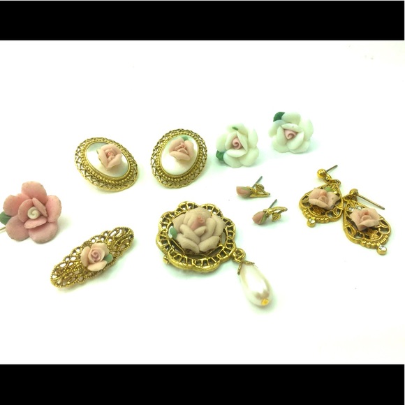Vintage 1928 Collection Filigree Porcelain Rose earrings and Pin Brooch a lot. - Picture 3 of 4